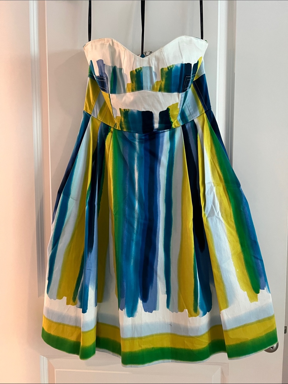 Calvin Klein Strapless Paint-Stripe Fit & Flare Dress in Blue, Green, Yellow